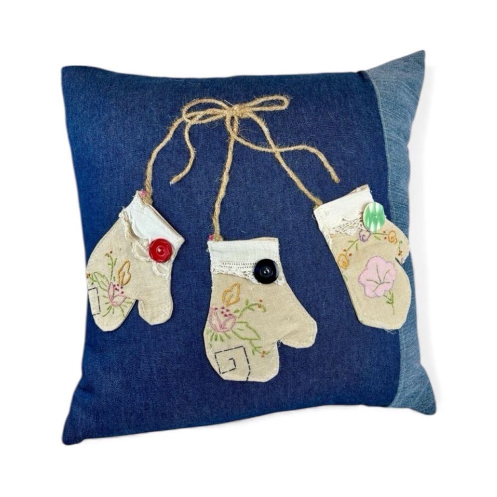 Hand Crafted Denim‎ Pillow with Vintage Embroidered Mittens And Jute Applique